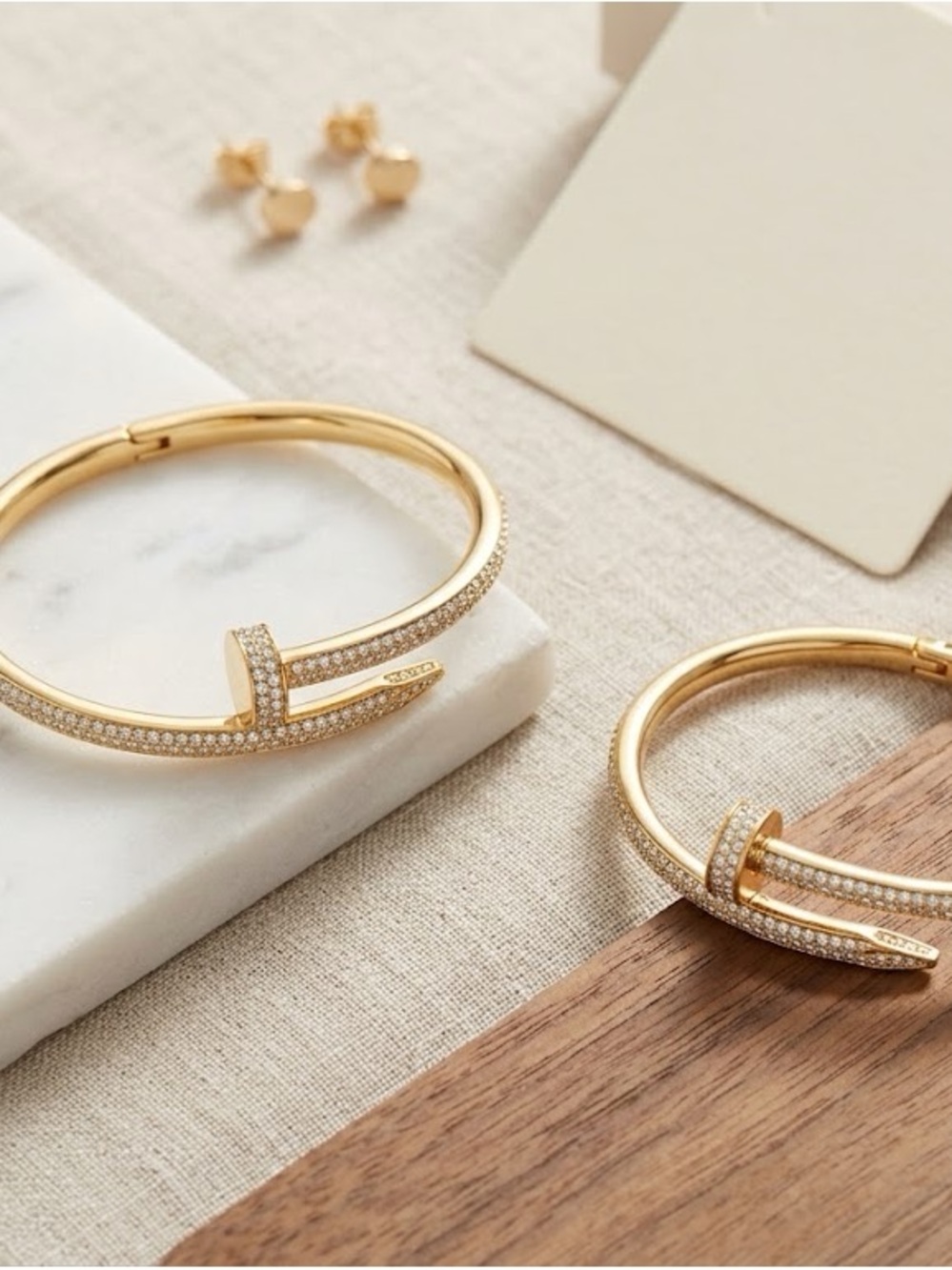 Gold Tone Pavé Nail Motif Hinged Bangle Bracelet | 7.5" | Sparkle Accent